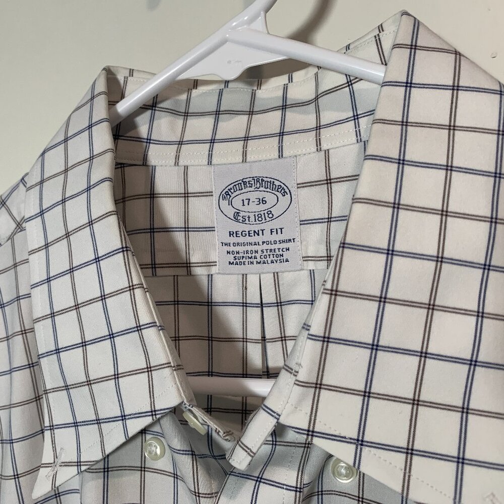 XL Brooks Brothers Regent Supima Cotton Plaid Button Up White Blue mens preppy